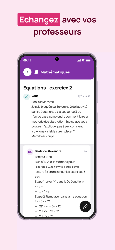 A mobile interface of the Cned app showing a conversation between a student and a teacher about math equations.