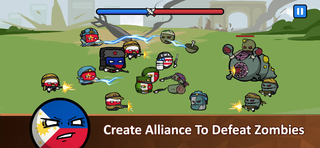 Countryballs - Zombie Attack - Countryball warriors fighting against a horde of zombies and a giant monster in a field