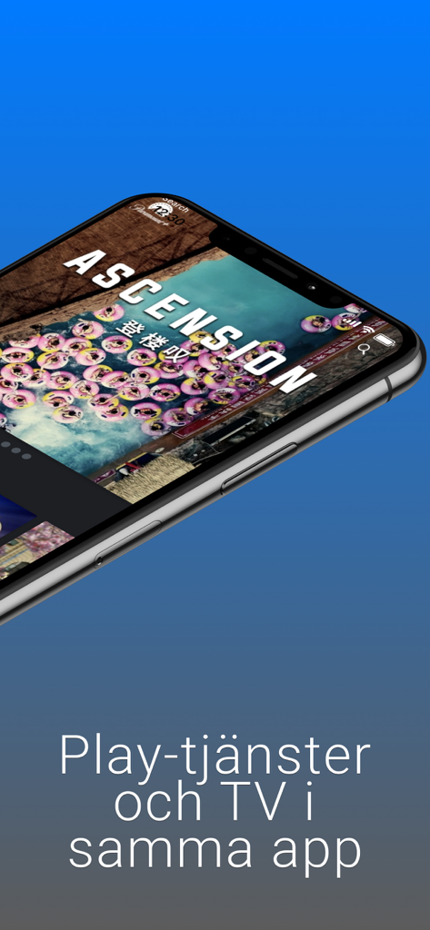 Telenor Stream - Telenor Stream app on an iPhone showing movie content and Swedish text about streaming services in one app