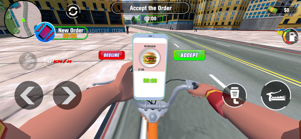 Food Hustle Delivery Game - Blick aus der Egoperspektive einer Essenslieferung per Fahrrad, die eine Burgerbestellung auf einem Smartphone-Bildschirm zeigt