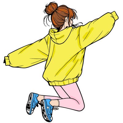 realistic girl jumping with a bun and oversized sweatshirt