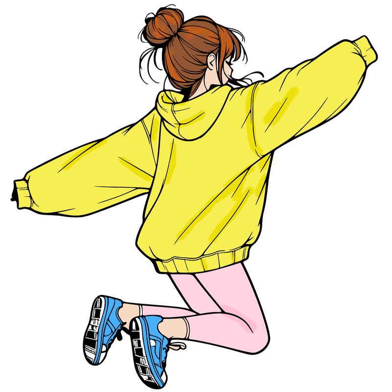 realistic girl jumping with a bun and oversized sweatshirt