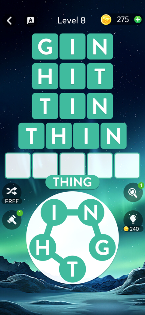 Zen Spell - Word Puzzle - Gameplay of Zen Spell word puzzle showing level 8 with a serene aurora and mountain background