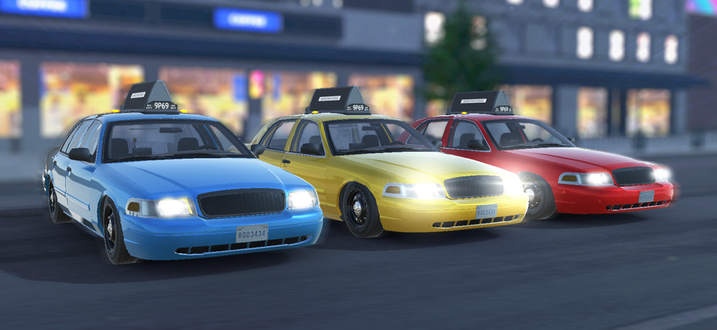 Taxi Driver Car Parking Game - Three taxi cars in blue yellow and red colors parked side by side in a city