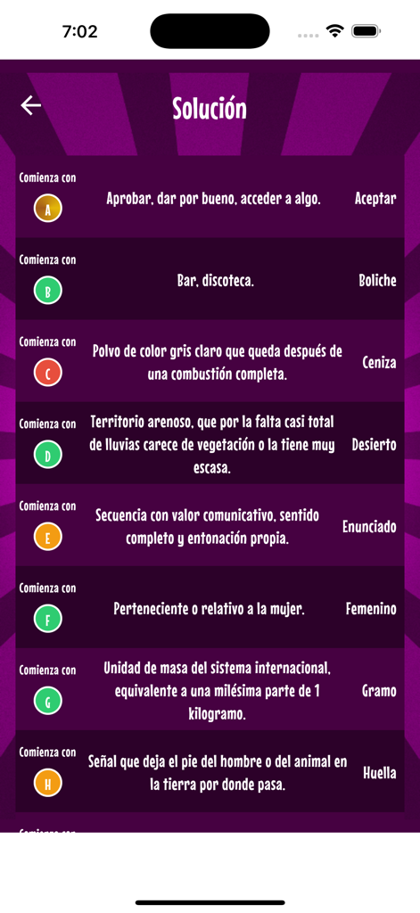 Una lista de definiciones y respuestas del juego de palabras Pasapalabra