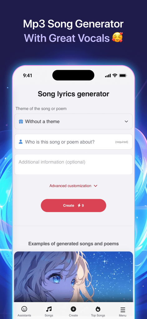 Mobile interface of Songly app for creating personalized AI songs with custom themes and lyrics