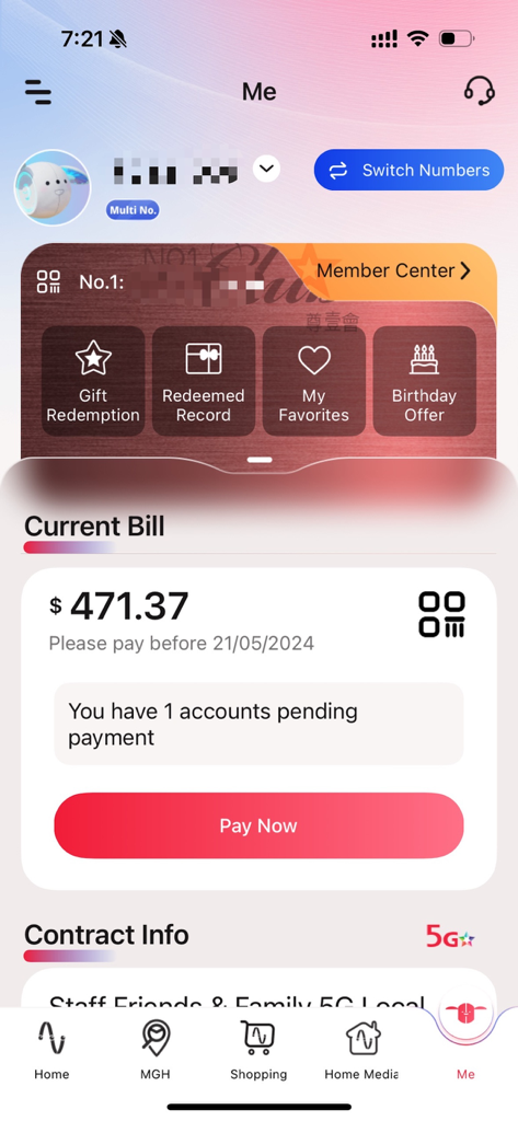 Account profile screen in the CTM Buddy app displaying current bill and loyalty reward features