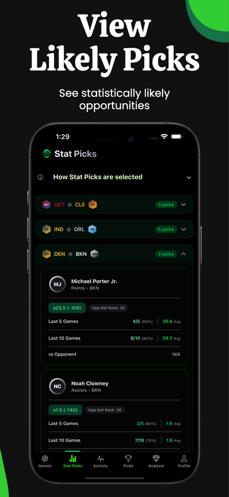 Previsioni sulle proposte dei giocatori NBA e statistiche sui tassi di successo sull'interfaccia dell'app Stat Pick