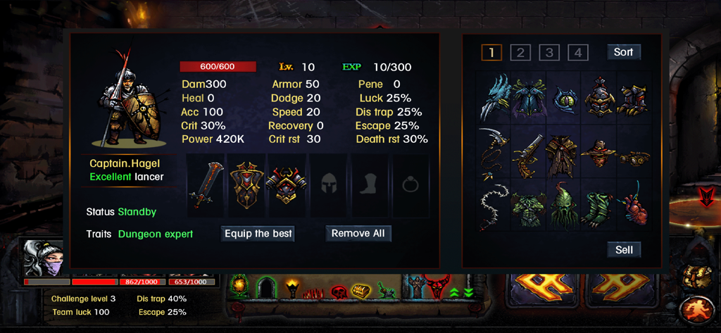 Dungeon Survival - Dungeon Survival character screen with detailed stats and gear inventory