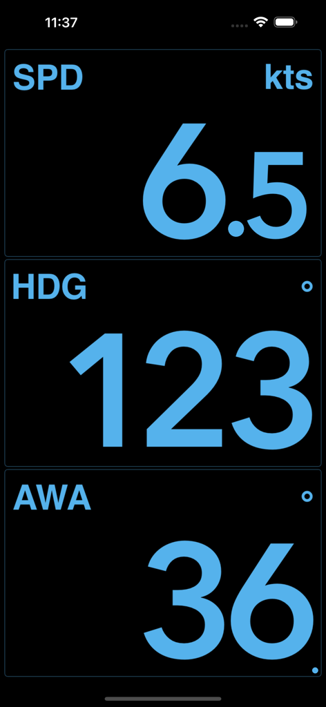 Écran de l'application NMEAremote affichant la vitesse du bateau, le cap et l'angle du vent apparent