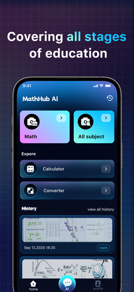 MathHub AI: Intelligent Tutor - Pantalla de inicio de la aplicación MathHub AI que muestra el solucionador de matemáticas por foto y las herramientas de estudio.