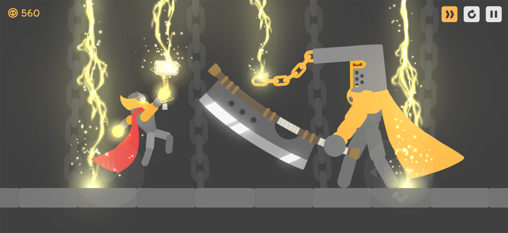 Ragdoll Hit:Wild puppet battle - A stickman hero with a glowing hammer battles a giant armored boss amidst lightning effects in a dungeon setting.