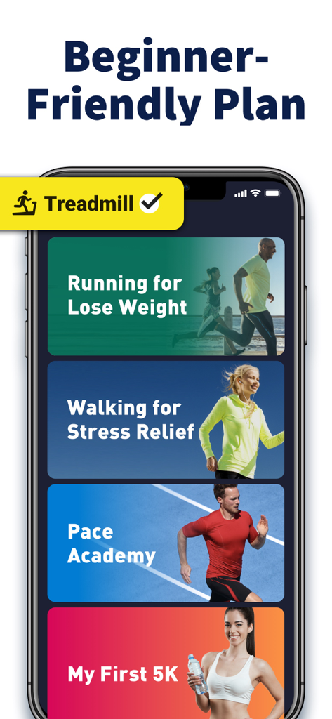 Running App - Run Tracker - 減量、ストレス解消、5Kトレーニングのオプションを含む、初心者向けランニングプランを表示するモバイルアプリ画面。
