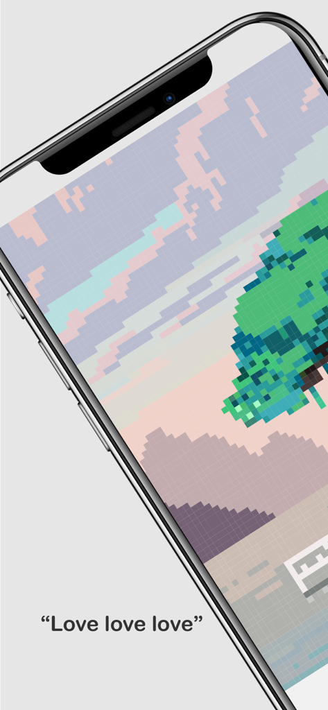 A smartphone displaying a serene pixel art landscape with a user testimonial quote