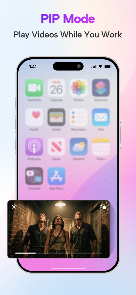 Video Player - All in One - iPhone showing picture in picture mode playing a video over the home screen