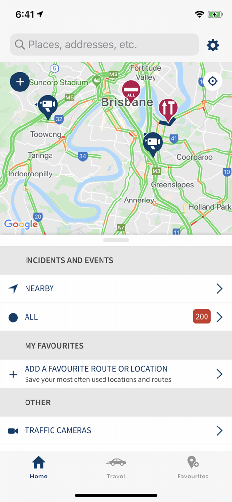 Interface de l'application QLDTraffic montrant une carte de Brisbane avec les conditions de circulation en direct et les marqueurs d'incidents