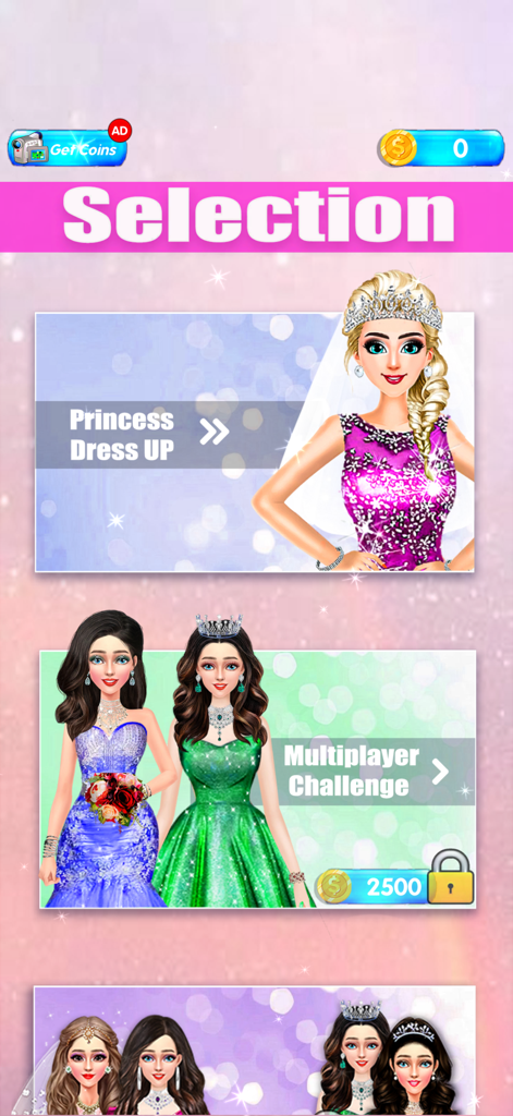 Selection screen for the Dress To Impress game showing princess dress up and multiplayer challenge modes with characters in elegant gowns