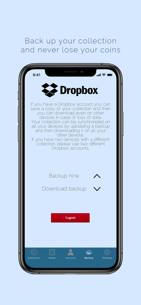 Euro Coins Album - Euro Coins Album app screen showing Dropbox integration for backing up and syncing a coin collection