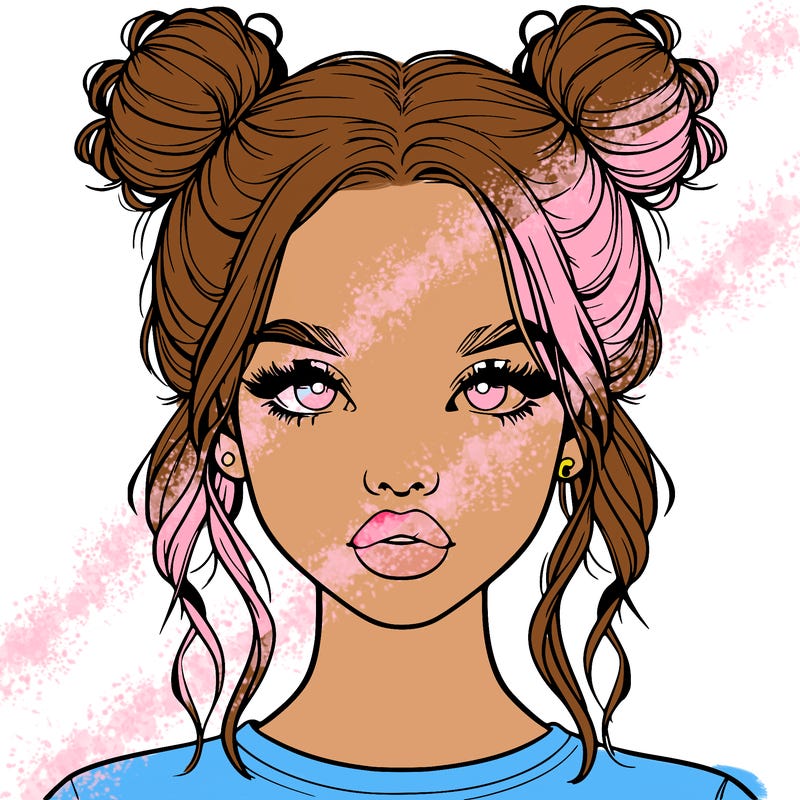 realistic girl with two buns in hair and lips