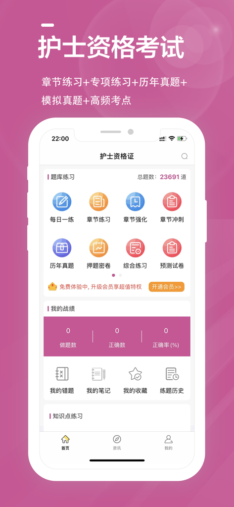 Main dashboard of the Chinese Nursing Qualification Certificate study app featuring practice tests and exam preparation modules.
