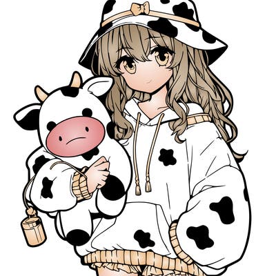 one anime girl, wearing a oversized cow sweater with a cow bucket hat, holding a cow plush