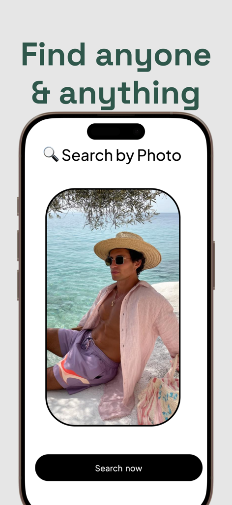 Deepcheck - AI Search - Una pantalla de teléfono móvil que muestra la aplicación Deepcheck AI Search con una función de Búsqueda por Foto y una imagen de un hombre en una playa.