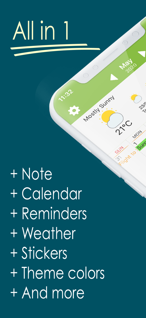 Interface d'Awesome Calendar Lite montrant ses fonctionnalités tout-en-un, y compris les notes, le calendrier, la météo et les rappels sur un écran de smartphone.