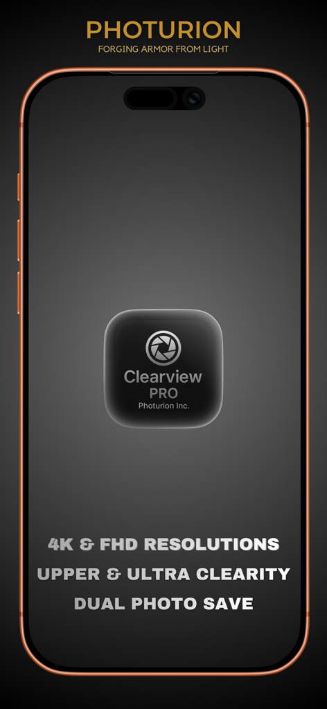 ClearView Pro - ClearView Pro app splash screen highlighting 4K resolution and dual photo save features