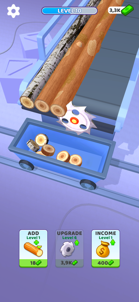 A circular saw blade slicing wood logs on a conveyor belt into a cart in the Idle Cutter mobile game