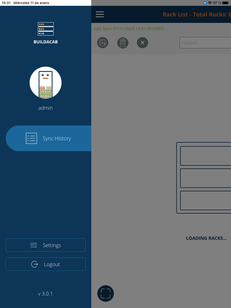 Interfaz de la aplicación BAC Builder para iPad que muestra el menú lateral y la pantalla de carga de la lista de racks para la gestión del centro de datos