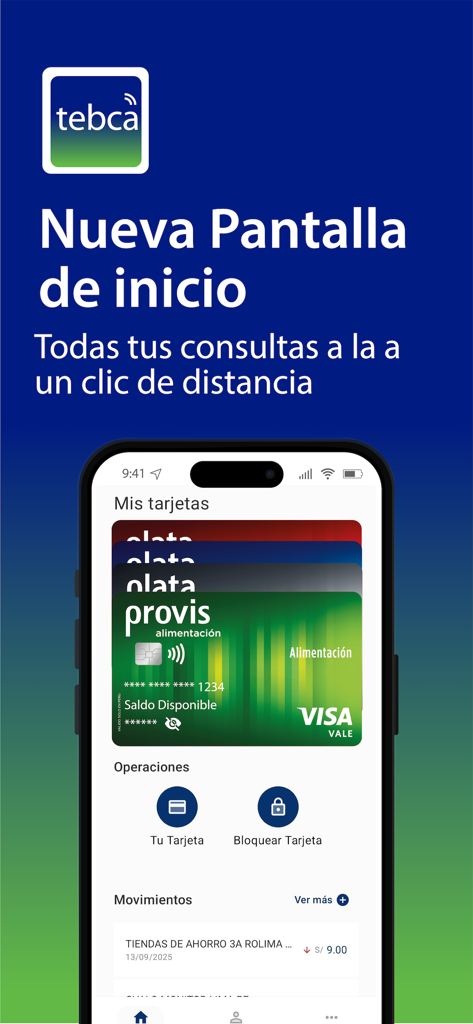 TEBCA - TEBCA mobile app home screen showing digital prepaid cards and financial transaction history in Spanish