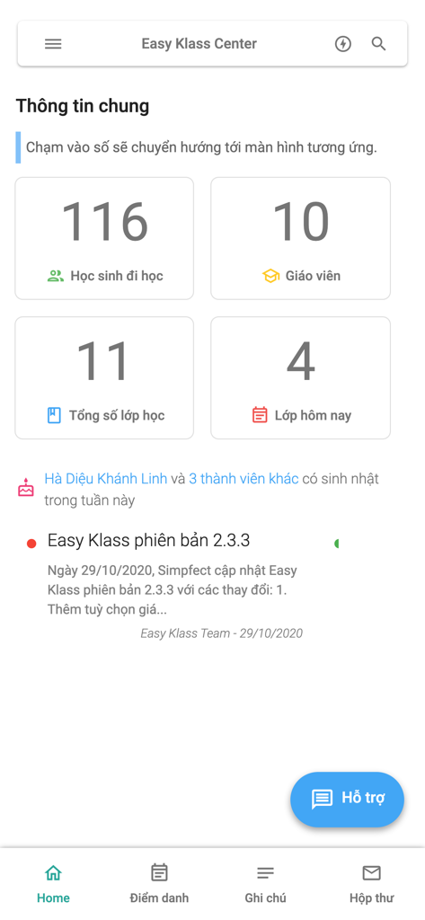 Easy Klass - Easy Klass mobile app dashboard showing summary statistics for students teachers and classes in an education center