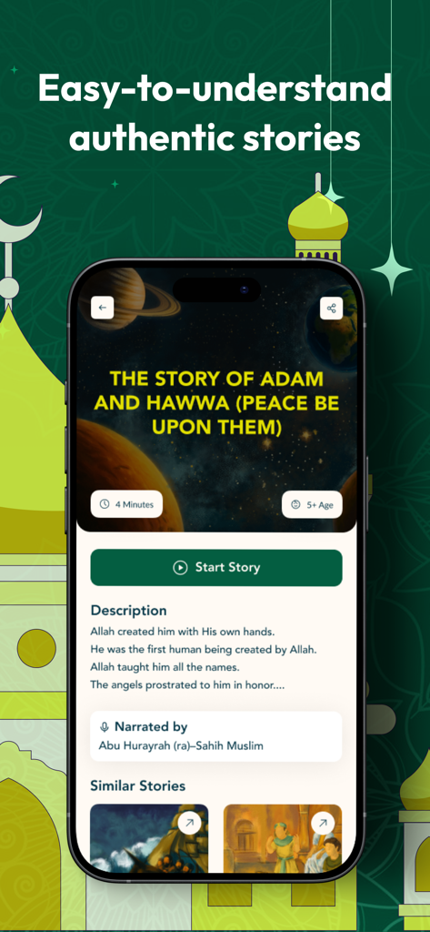 Prophet's Stories (PBUT) - Interfaz de la aplicación Historias del Profeta mostrando la historia de Adán y Eva con el tiempo de lectura y detalles del narrador.