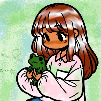 girl with long hair and a oversized shirt. and she is holding a frog