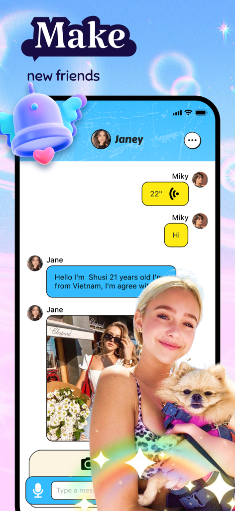 Noura - Share & Fun - A mobile chat interface within the Noura app featuring message bubbles and user photos for making new friends.