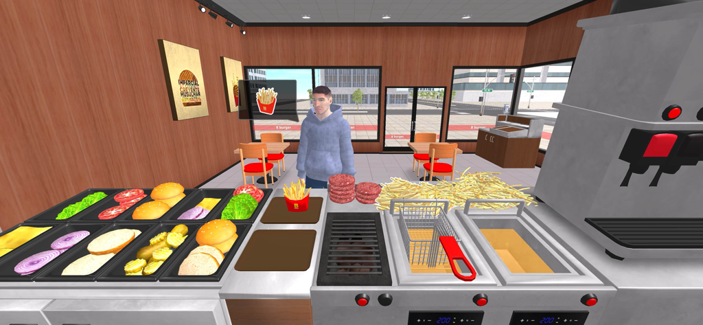 Interior view of a burger shop kitchen with fresh ingredients and a customer ordering fries