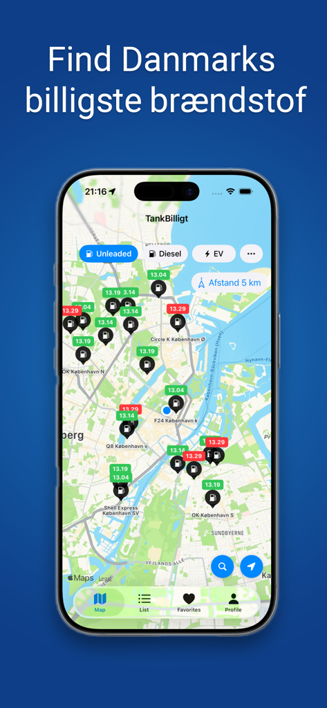 Smartphone screen showing the TankBilligt app with a map of gas station fuel prices in Denmark