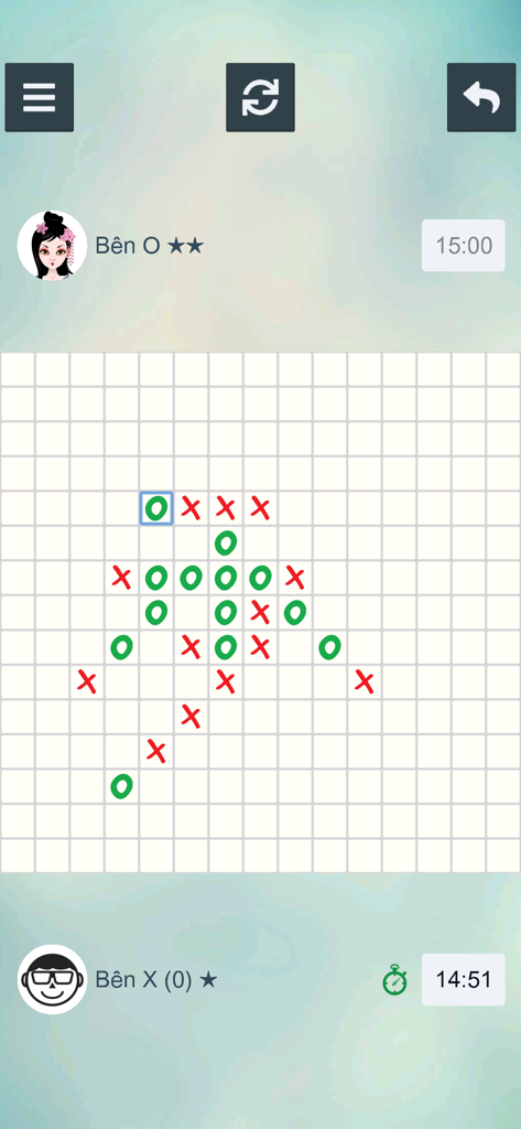 Gameplay screenshot of Caro Tic Tac Toe 5 showing a 15x15 board with X and O markers
