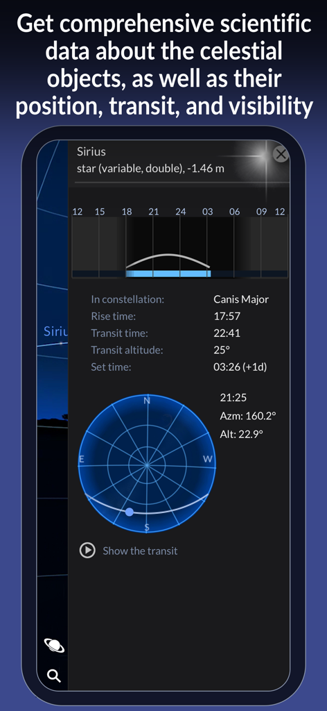 The Sky Pro by Redshift - Detailed scientific data and visibility chart for the star Sirius in The Sky Pro app