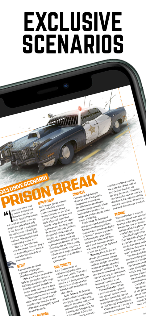 Interfaz de la aplicación que muestra un escenario de wargame exclusivo llamado Prison Break con reglas de juego e ilustraciones de coches