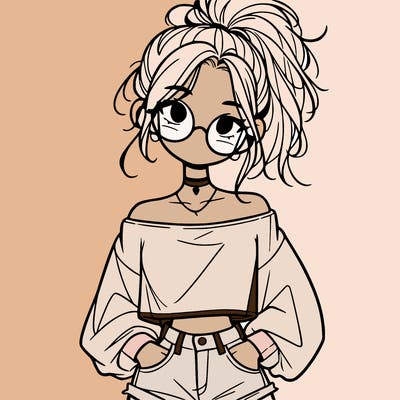 girl with a messy ponytail glasses a baggy crop top and jean shorts