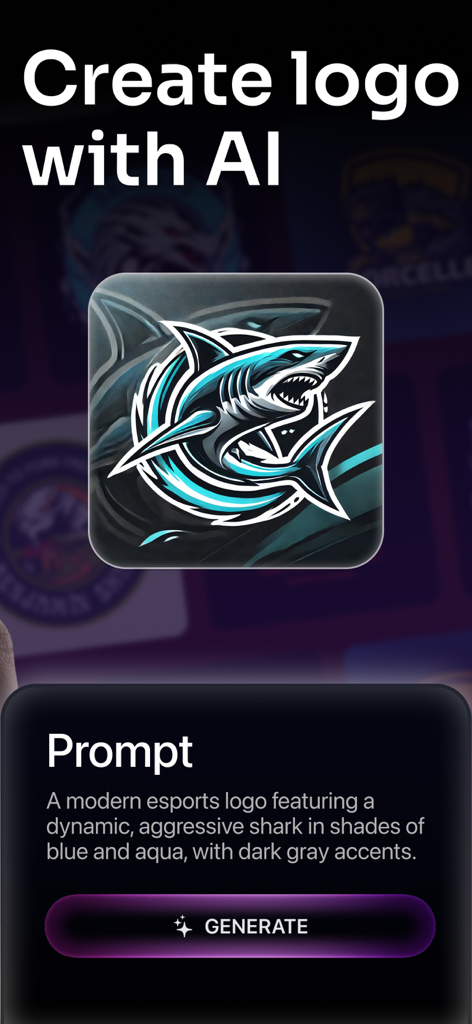 AI Logo Design Brand Maker Art - Interface do aplicativo Star AI mostrando um logo de e-sports de tubarão gerado a partir de um prompt de texto.