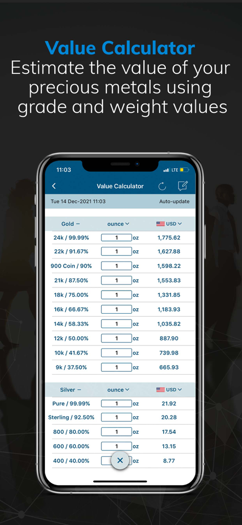 Gold Live app value calculator for gold and silver prices