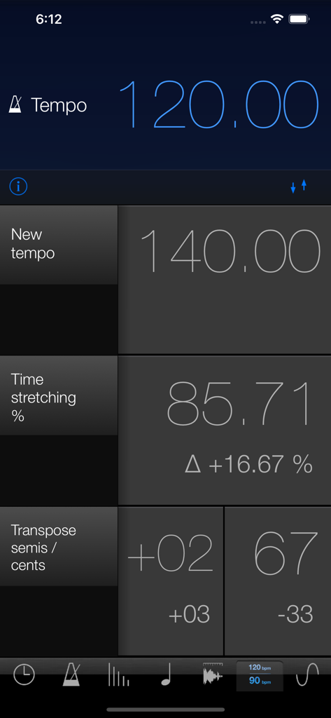 MusicMath - MusicMath tempo change converter tool showing time stretching percentages and transposition values