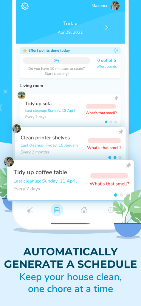 The Sweepy app interface displaying a list of household chores and an automated daily schedule