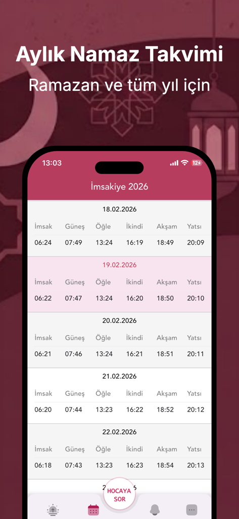 라마단 기간과 연중 특정 이슬람 시간(이프삭, 일출, 정오, 오후, 저녁, 밤)을 보여주는 월별 기도 달력 모바일 앱 화면.