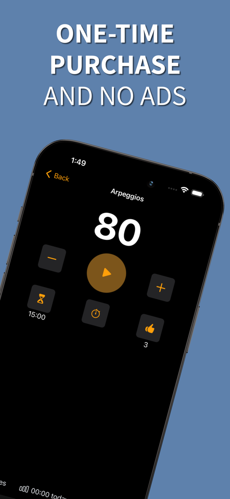 Interfaccia dell'app Mujo che mostra un metronomo minimalista e un timer di pratica per musicisti