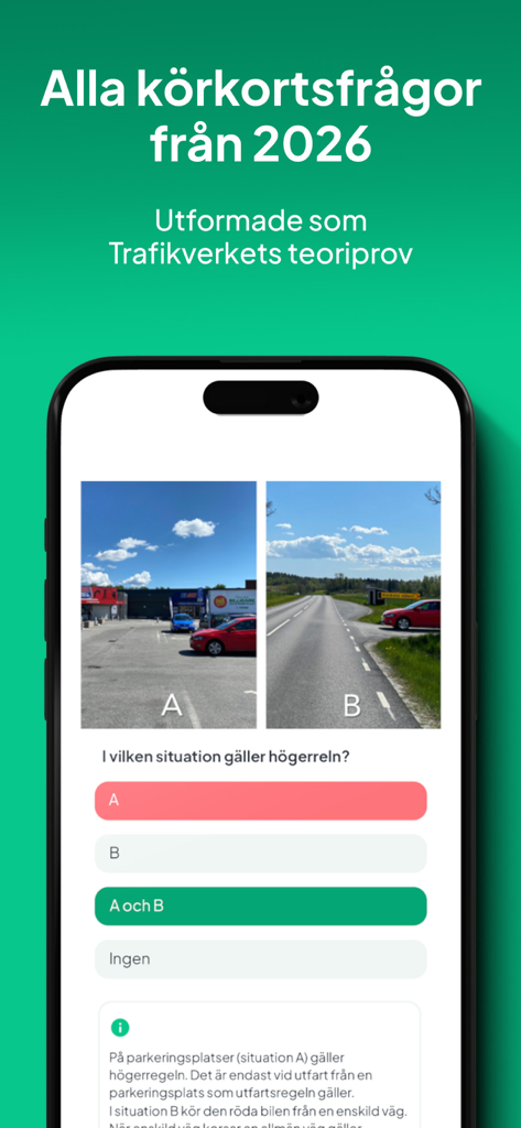 Pantalla de la app móvil Trafiko mostrando una pregunta del examen teórico de conducción sueco con imágenes de escenarios de tráfico y opciones de respuesta múltiple.