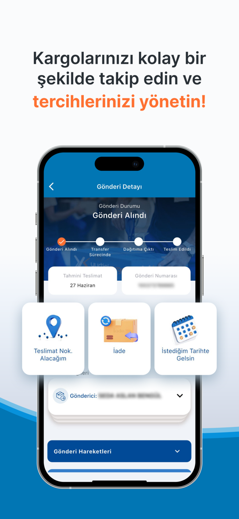 Yurtiçi Kargo - Schermata di tracciamento spedizioni dell'app Yurtici Kargo con aggiornamento di stato e opzioni di consegna