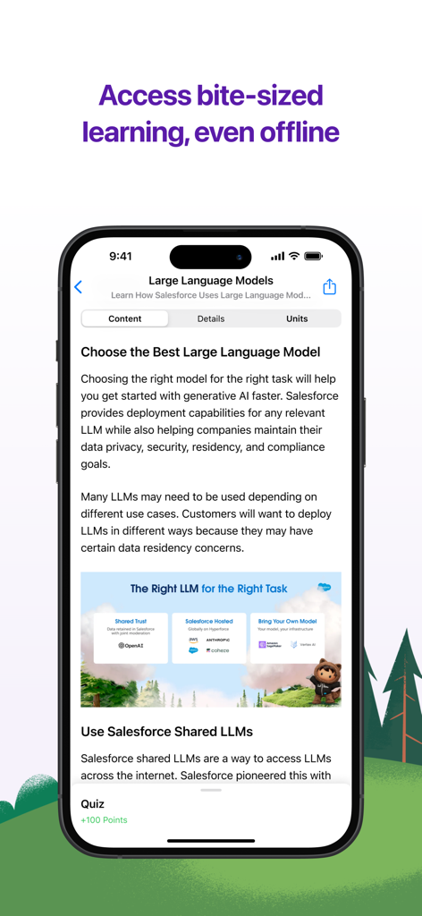 Trailhead GO - A mobile screen showing a Trailhead GO lesson about Large Language Models with an infographic.